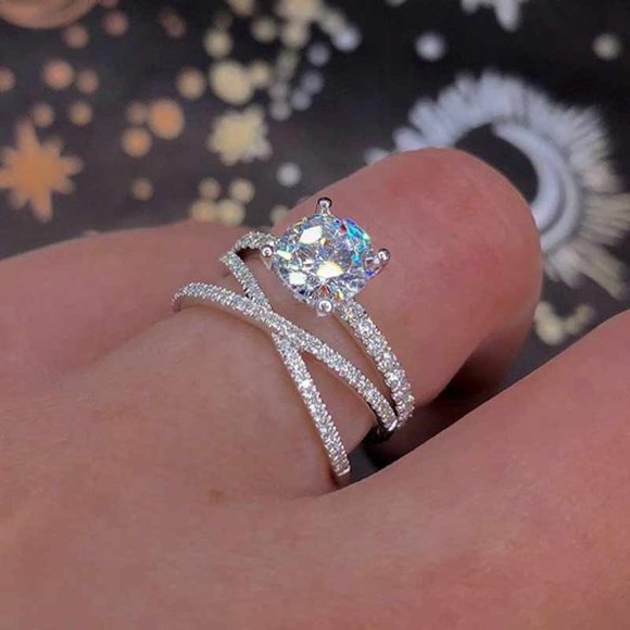 🔥 Trendy Three Lines Cross Round CZ Stackable Silver Ring for Women,VIP509 - Picture 6 of 6